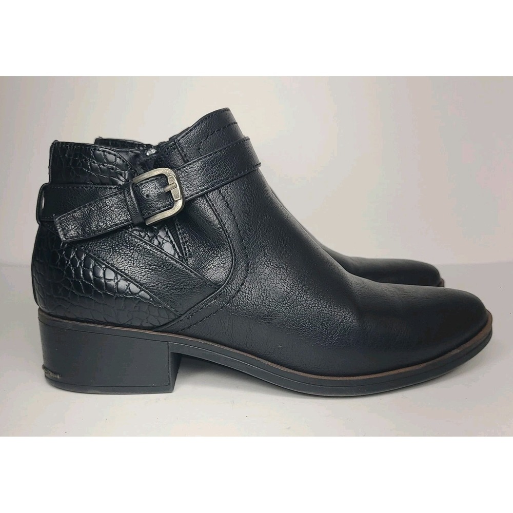 BARETRAPS Womens Maci Ankle Boots Side Zip Black 7.5M Buckle Retile Embossed